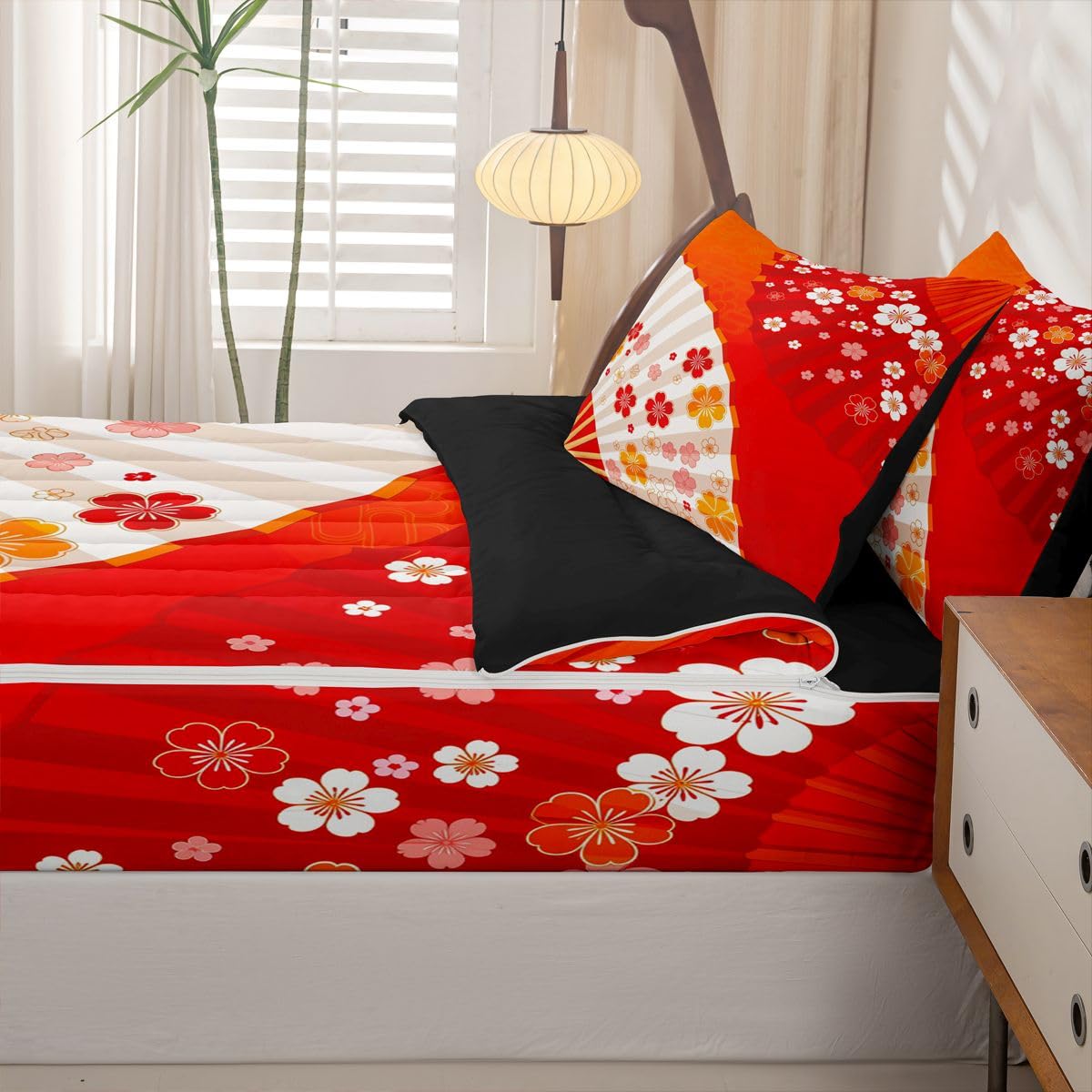 Erosebridal Japanese Style Fan Zipper Bedding Twin Size, Japan Fan Cherry Blossoms Kids Comforter Set - Asian Themed Zip Up Comforter Bed in A Bag