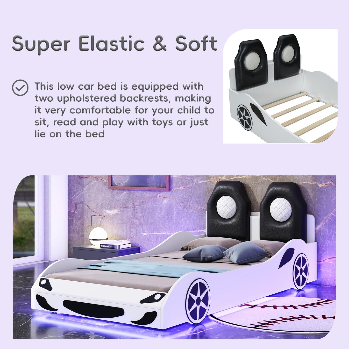 MaiDeHaoo Twin Bed Frames for Kids, Race Car-Shaped Bed Frame with LED Lights, Wheels and Upholstered Backrest for Boys, Girls, No Box Spring Needed, White