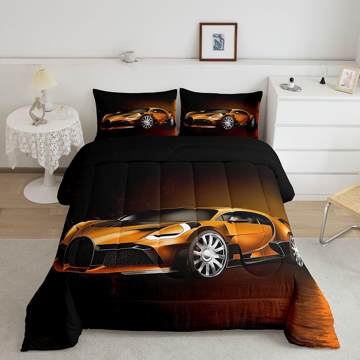 Feelyou Race Car Comforter Toddler Twin, Orange Racecar Bedding Set for Kids Boys Girls Down Duvet Insert Set Cool Speed Sports Car Bedroom Decor Quilt Comforter with 1 Pillowcase Warm Bedding
