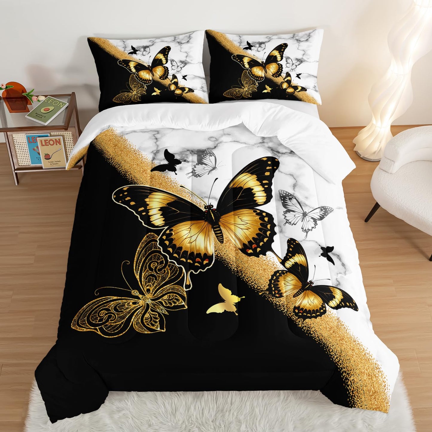 UEVBF Kids Bedding Twin Size Comforter Set,Black and Gold Butterfly Bedding Comforter Sets for Boys Girls Room Decor,Animal Themed Artistic Aesthetic Bedding Sets with 2 Pillowcases.