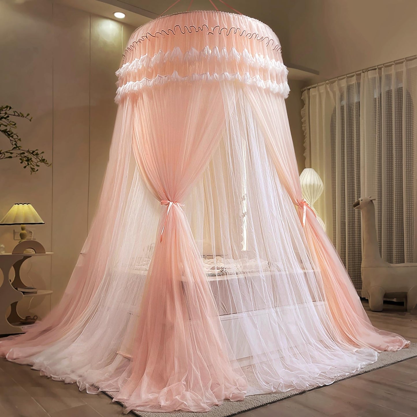 Kertnic Dreamy Bed Canopy for Girls, Princess Canopy Curtains Double Layer Sheer Mesh, Adults Canopies Netting Room Decor Tent Mosquito Net for Queen King Bed (Double Layer-Beige Pink)