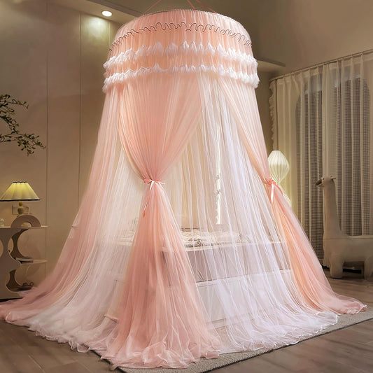 Kertnic Dreamy Bed Canopy for Girls, Princess Canopy Curtains Double Layer Sheer Mesh, Adults Canopies Netting Room Decor Tent Mosquito Net for Queen King Bed (Double Layer-Beige Pink)