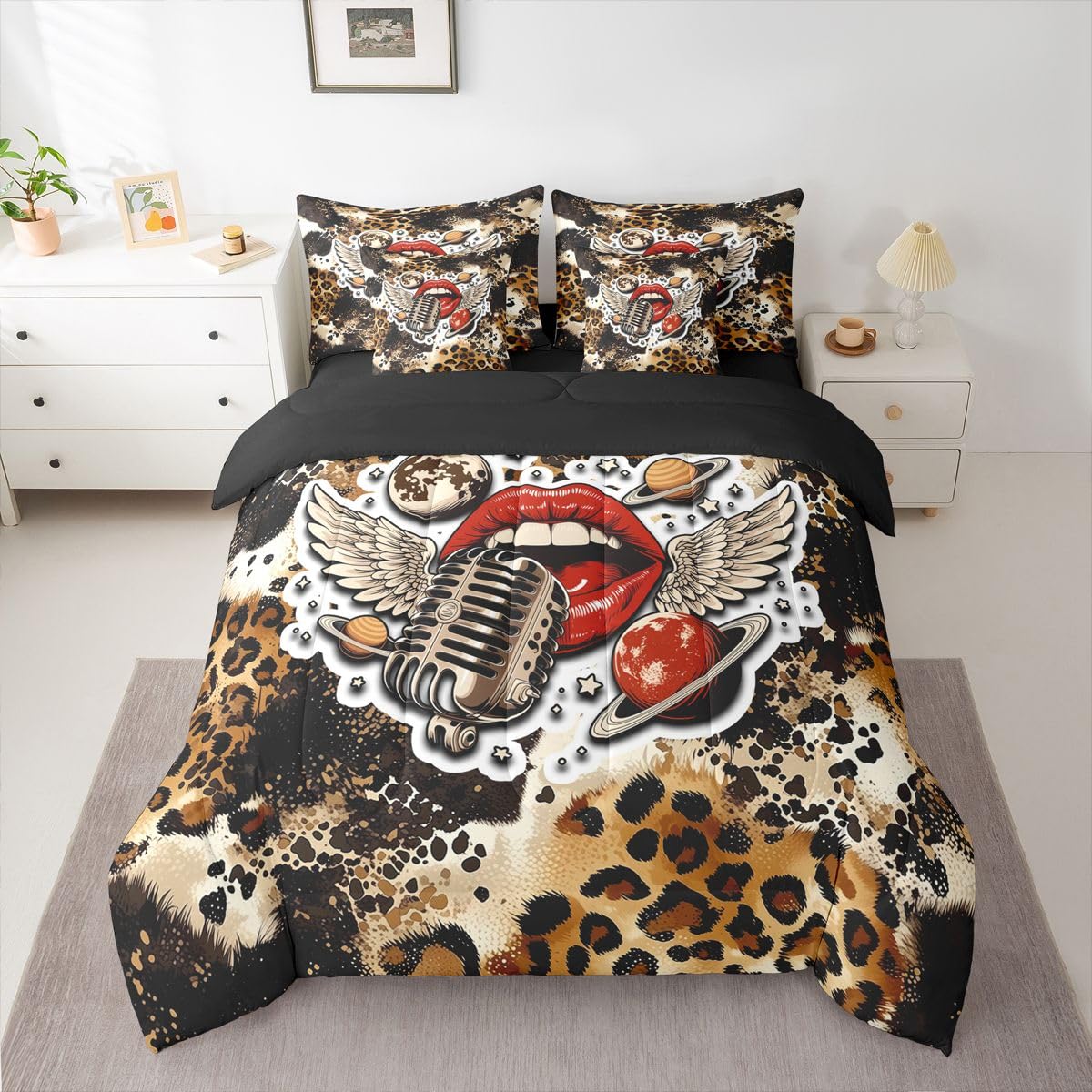 Erosebridal Leopard Print Twin Size Bedding Set Retro Rock & Roll 7 Pieces Comforter Set with Sheets for Women Girl Alluring Lips Bed in a Bag Y2K Trendy Wings & Planets Bed Sets