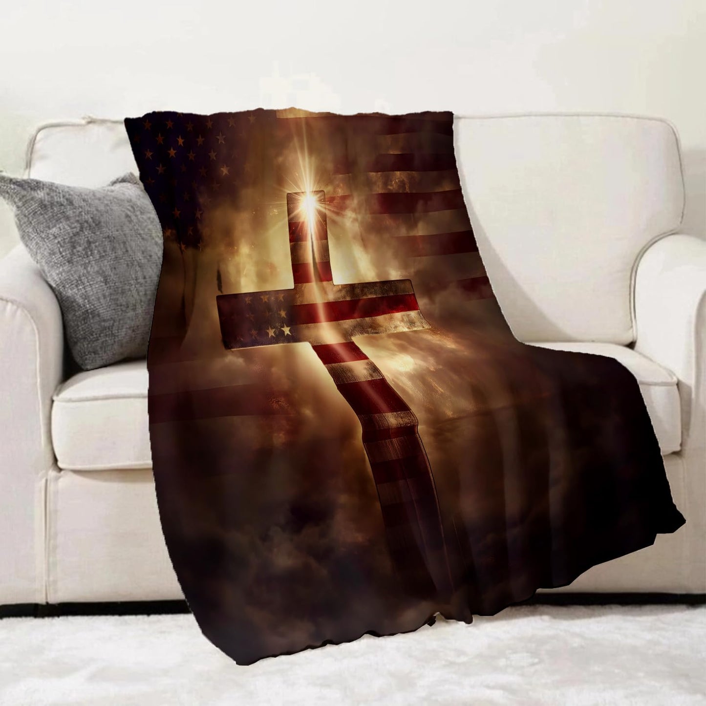 Turamurra American Flag Cross Throw Blanket 60"x80", Patriotic Blankets for Living Room Bedroom Decor, Warm Flannel Plush Gifts for Veterans Adults Kids