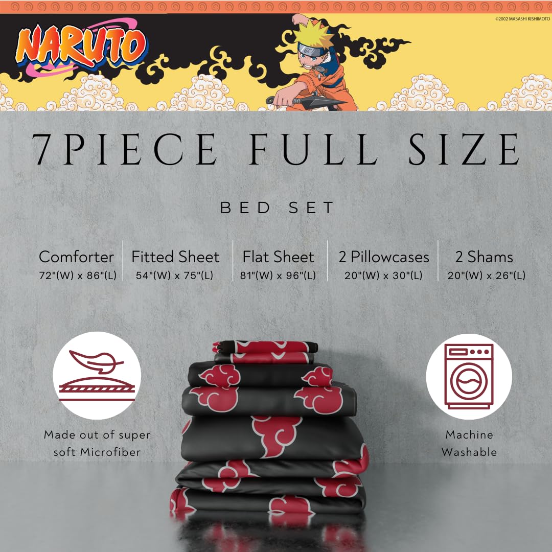 Collectibles Naruto Anime Akatsuki Bedding 7 Piece Super Soft Reversible Comforter and Sheet Set with Sham, Full, (Officially Licensed Product) By Franco