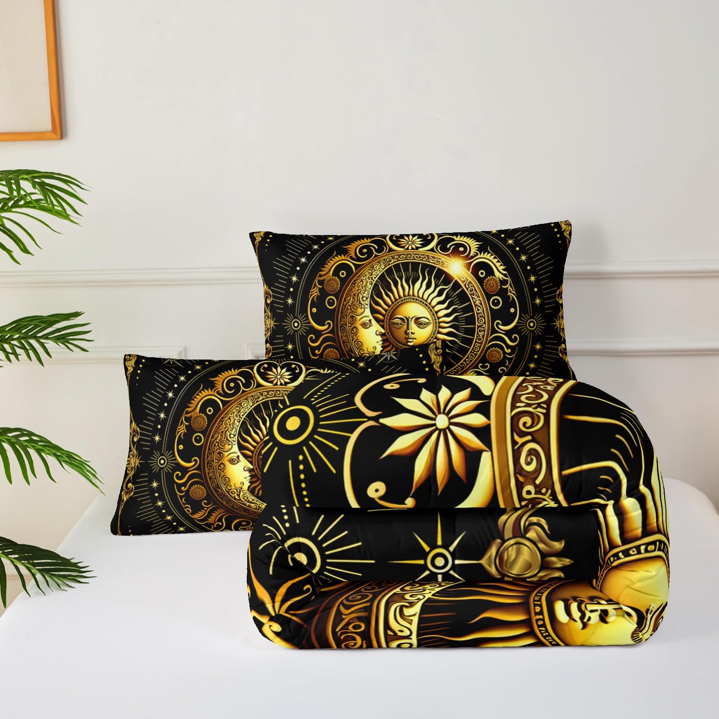 lneffble Black and Gold Twin Size Sun and Moon Comforter Set，Quilts Twin Size Bedding Sets Sun Moon，with 1 Comforter with 2 Pillow Case