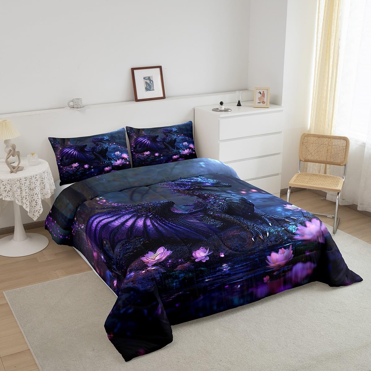Feelyou Dragon Comforter Set Twin Size Dragon Stuff Comforter for Boys Girls Teens Wild Life Bedding Set Flower Duvet Set Room Decor Black Purple Quilt Set