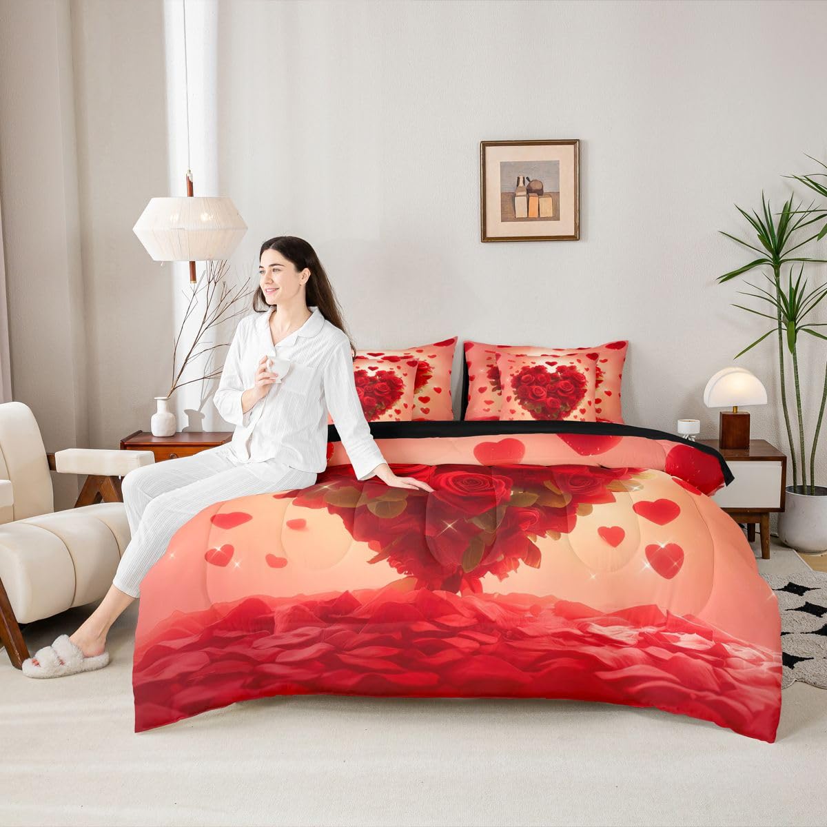 Erosebridal Romantic Red Roses Queen Bed in A Bag 7 Piece Valentine Day Comforter Set with Sheets Love Heart Pattern Rose Bedding Sets for Women Men Adults,Cute Love Heart Florals Bed Set