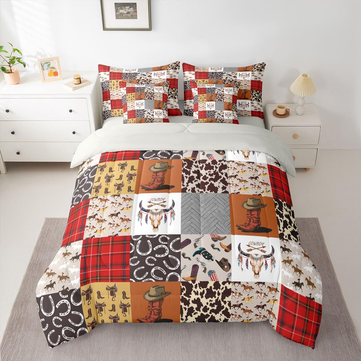 Country Western Comforter Set 7 Piece Bed in a Bag Twin | Cowboy Boots Hat Rustic Bedding Sets Horse Decor Cowboys Comforter and Sheet Set, Farmhouse Cowhide Longhorn Skull Bed Sets,Red Brown