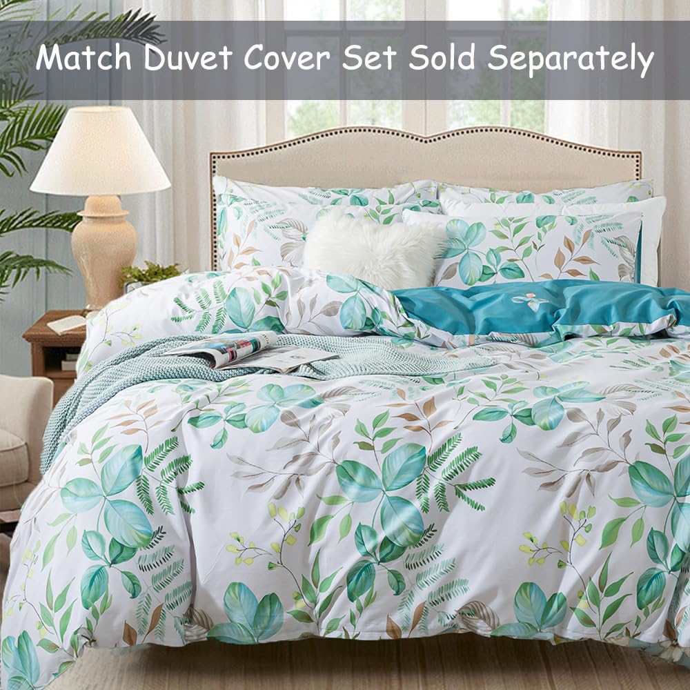 FADFAY Twin Sheet Set 100% Cotton Teal Green Leaf Print, Modern Botanical Bed Sheets, Soft Crisp & Breathable Deep Pocket Fitted Sheet, Luxury 4-Piece Bedding Set
