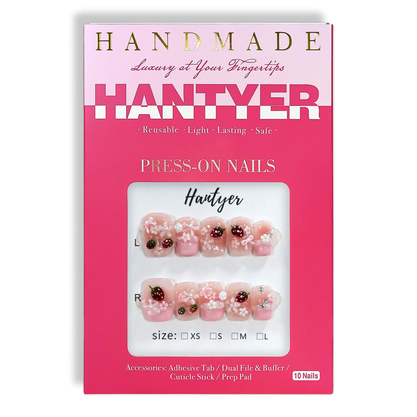 Hantyer 10pcs Pink French Tip Press on Nails with Pink Jelly Strawberry & Pearl Charms, Short Coffin Glossy Iced Sweet Fake Nails, Reusable Kawaii False Nails for Women Birthday Party (Size M)