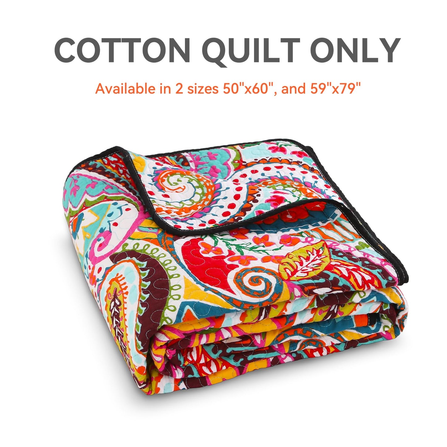 Qucover Cotton Quilted Throw Blanket, Soft Boho Quilt 59"x79", Bright Colorful Red, Orange, Pink and Blue Reversible Paisley Lightweight Quilts for Couch Sofa Beds