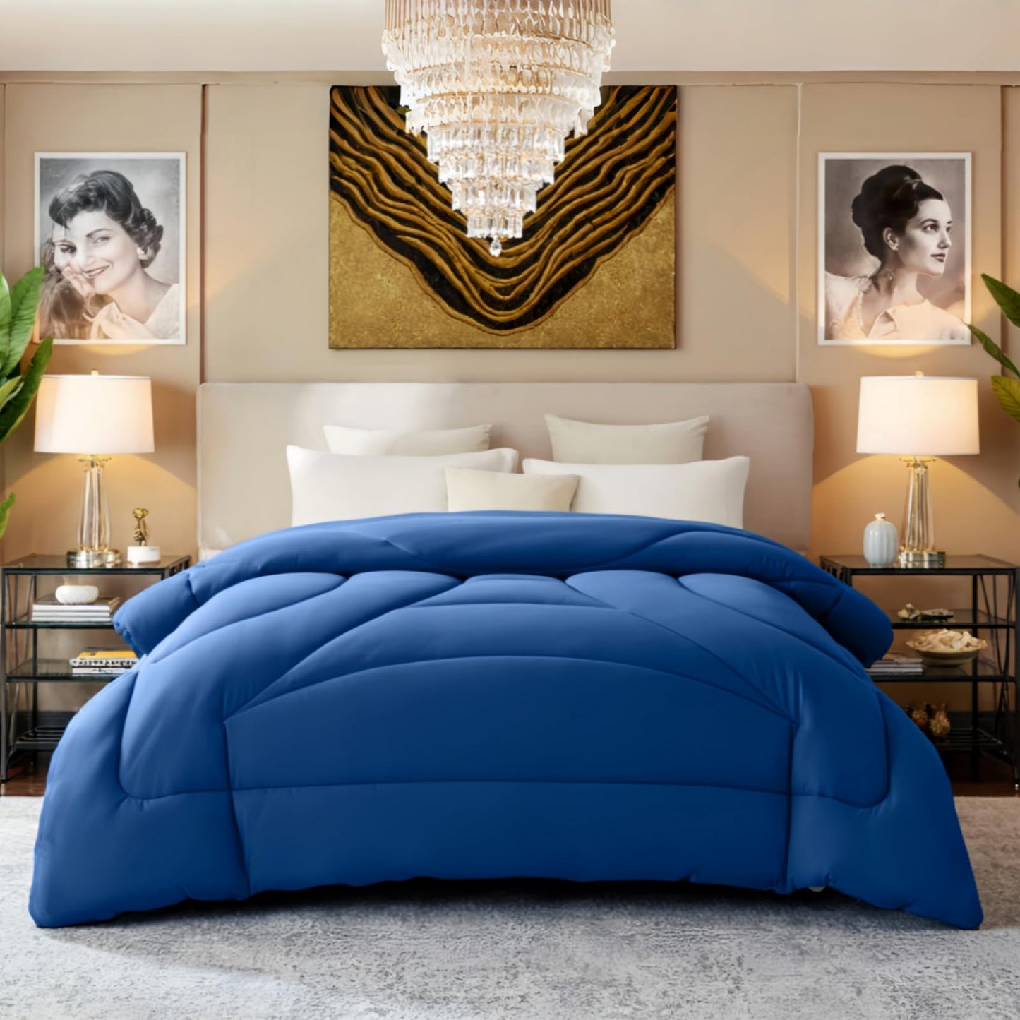 Yuncojin Down Alternative Comforter King Size,Soft Fluffy Duvet Insert for All Seasons,Lightweight Winter Bed Quilt,Skin Friendly,Navy Blue,104"x90"