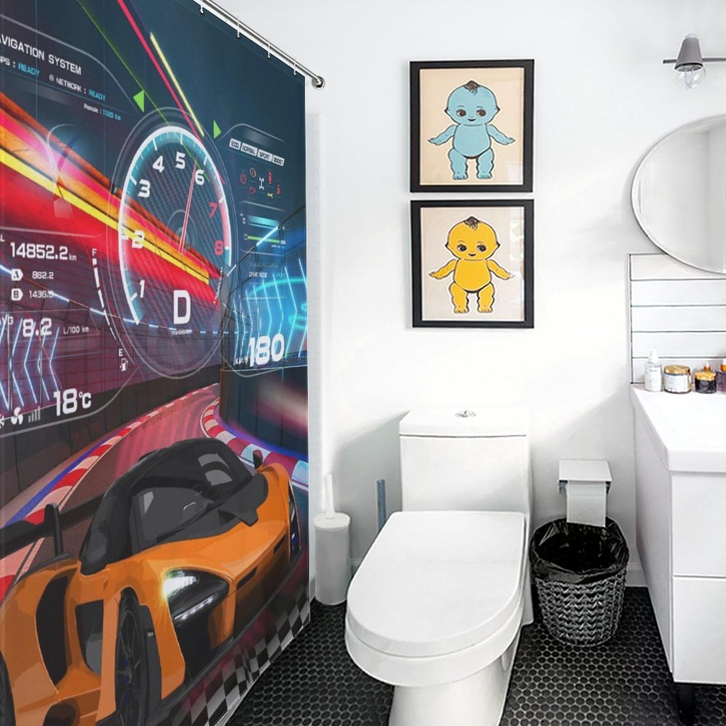 Kids Boys Race Shower Curtain for Bathroom, Extreme Sports Car Raing Theme Cool Game Waterproof Fabric Shower Curtain Set with Hooks, 72"x72" Inch
