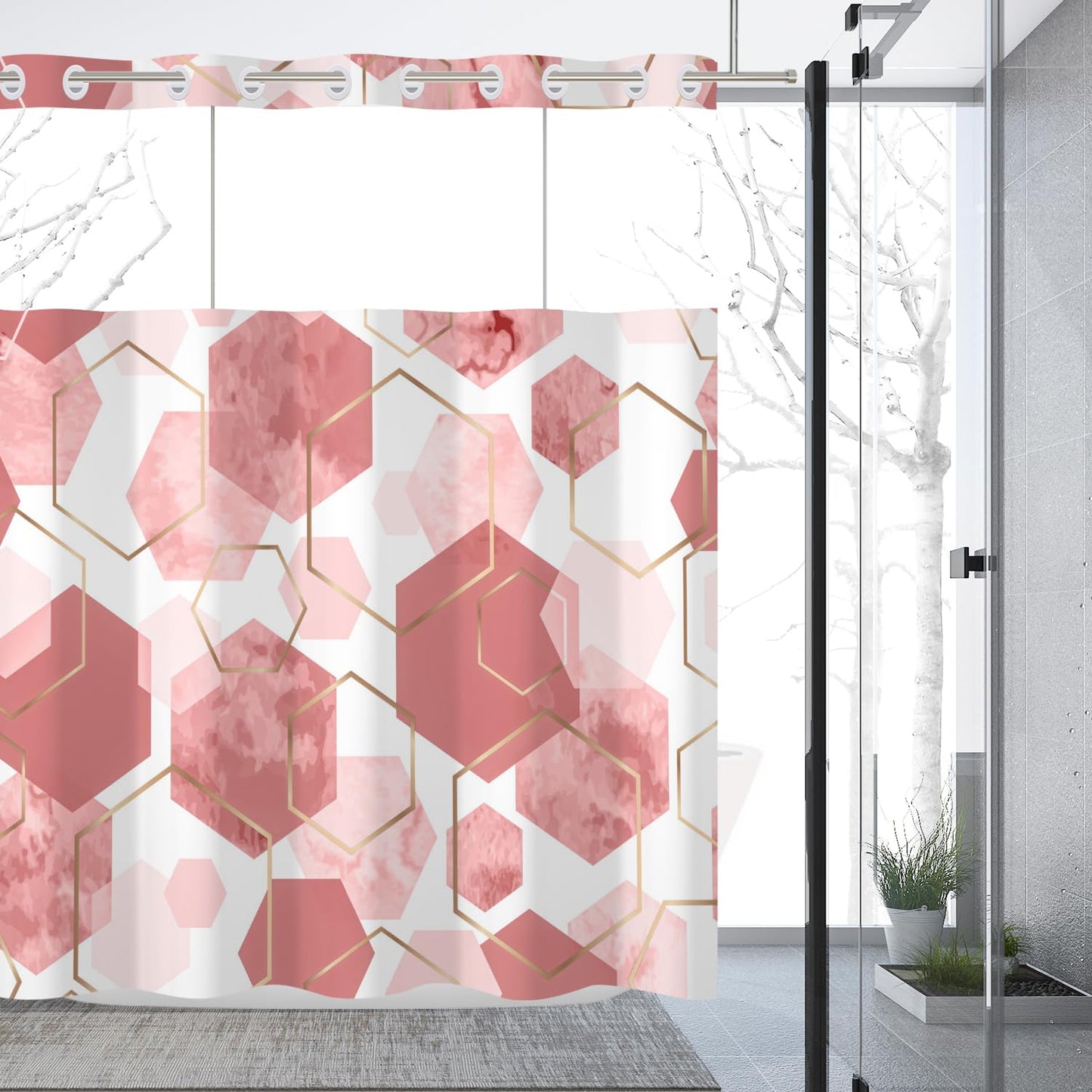 deFouliao Pink Shower Curtain with Snap in Liner No Hook Geometric Grid Modern Bathroom Curtain with See Through Mesh Top Window, Fabric Waterproof Inner Liner, 71x74 Inches