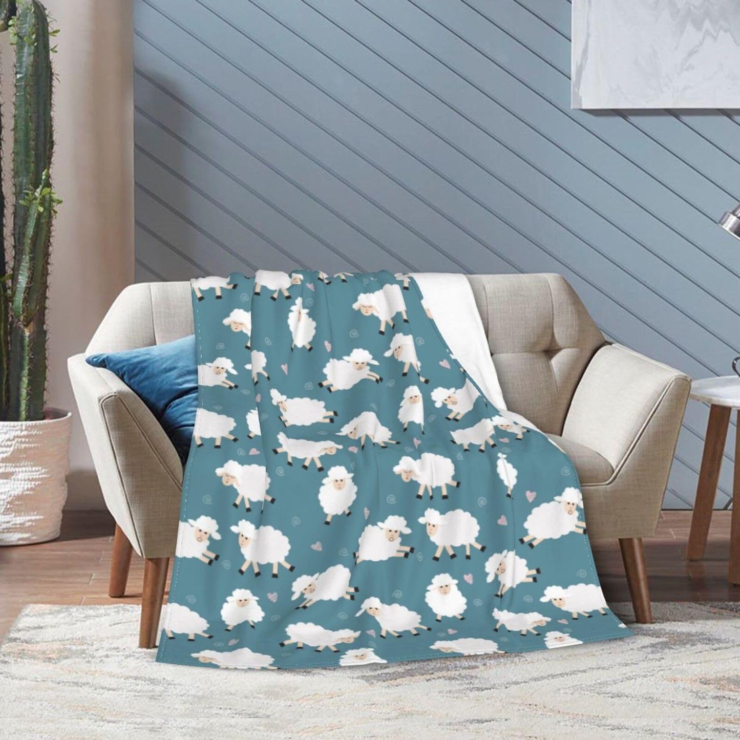 Gbuzozie Cute Sheep Blue Background Fleece Blanket Lightweight Ultra-Soft Throw Blanket for Sofa Couch Bed Camping Travel - Super Soft Cozy Microfiber Blanket 60"X50"