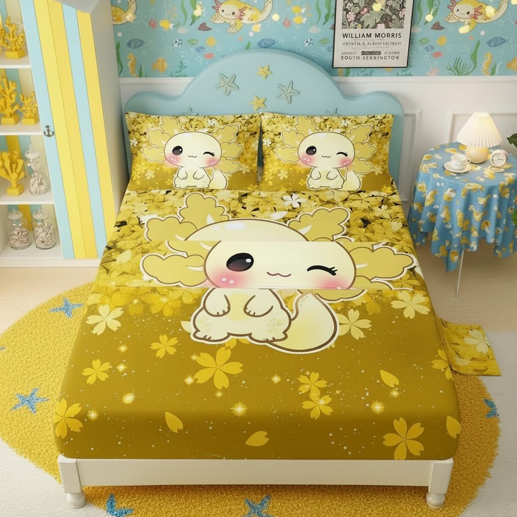 QOOMO Cartoon Animals Kids Sheet Set Queen Size,Kawaii Axolotl Print Bedding Set Lightweight All Seasons,Yellow Sets for Room Decoration,1 Fitted Sheet,1 Flat Sheet,2 Pillow Cases