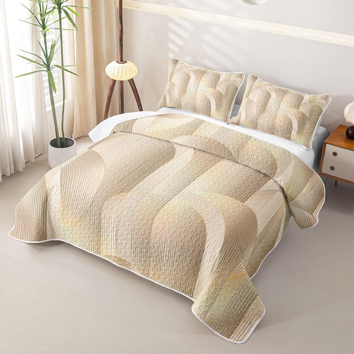Erosebridal Geometric Quilted Bedspreadd Set Twin Modern Abstract Texture Coverlet Set Nordic Style Bed Set Ombre Beige White Bedding Set
