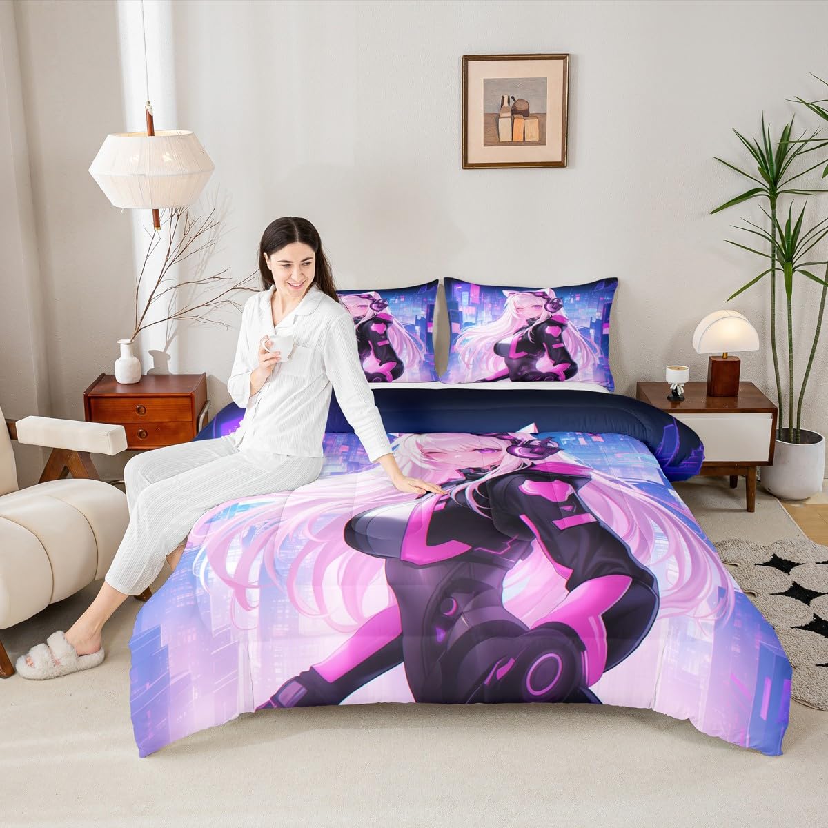 Erosebridal Twin Anime Girl Comforter Set 2 Piece, Kawaii Japanese Anime Bedding Set Cartoon Girl Bedding Comforter Sets Sci Fi Style Japanese Animation Quilt for Kids Girls Teens Adult Room