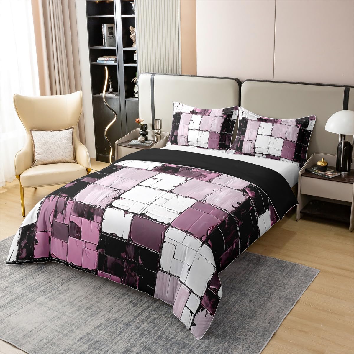 jejeloiu Pink Black Abstract Bedding Set Queen Size Geometric Minimalist Square Duvet Cover 100% Cotton for Boys Girls Modern Abstract Art Comforter Cover（No Comforter）
