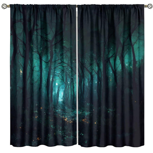SHElifestyle Gothic Forest Curtains, Darkness Spooky Window Treatments, Creepy Horror Dark Tree Halloween Fireflies Window Drapes for Bedroom Living Room Kitchen W42 X L45