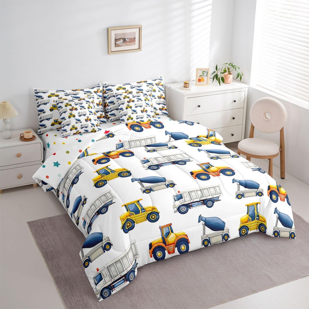 jejeloiu Excavator Comforter Set Twin Size 7 Pieces Construction Vehicles Bedding Set Equipment Trucks Bed in a Bag with Comforter, Sheets, Pillowcases, Cushion Covers Bedroom Decor