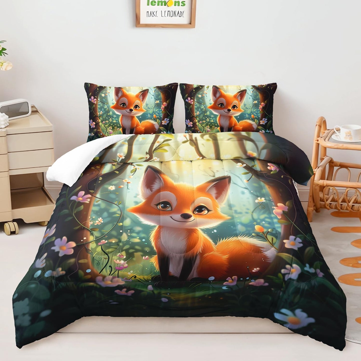 AILONEN Kawaii Orange Cartoon Bedding Set - Twin Size, 3-Piece Forest Fox Set with 1 Comforter and 2 Pillowcases for Boys & Girls