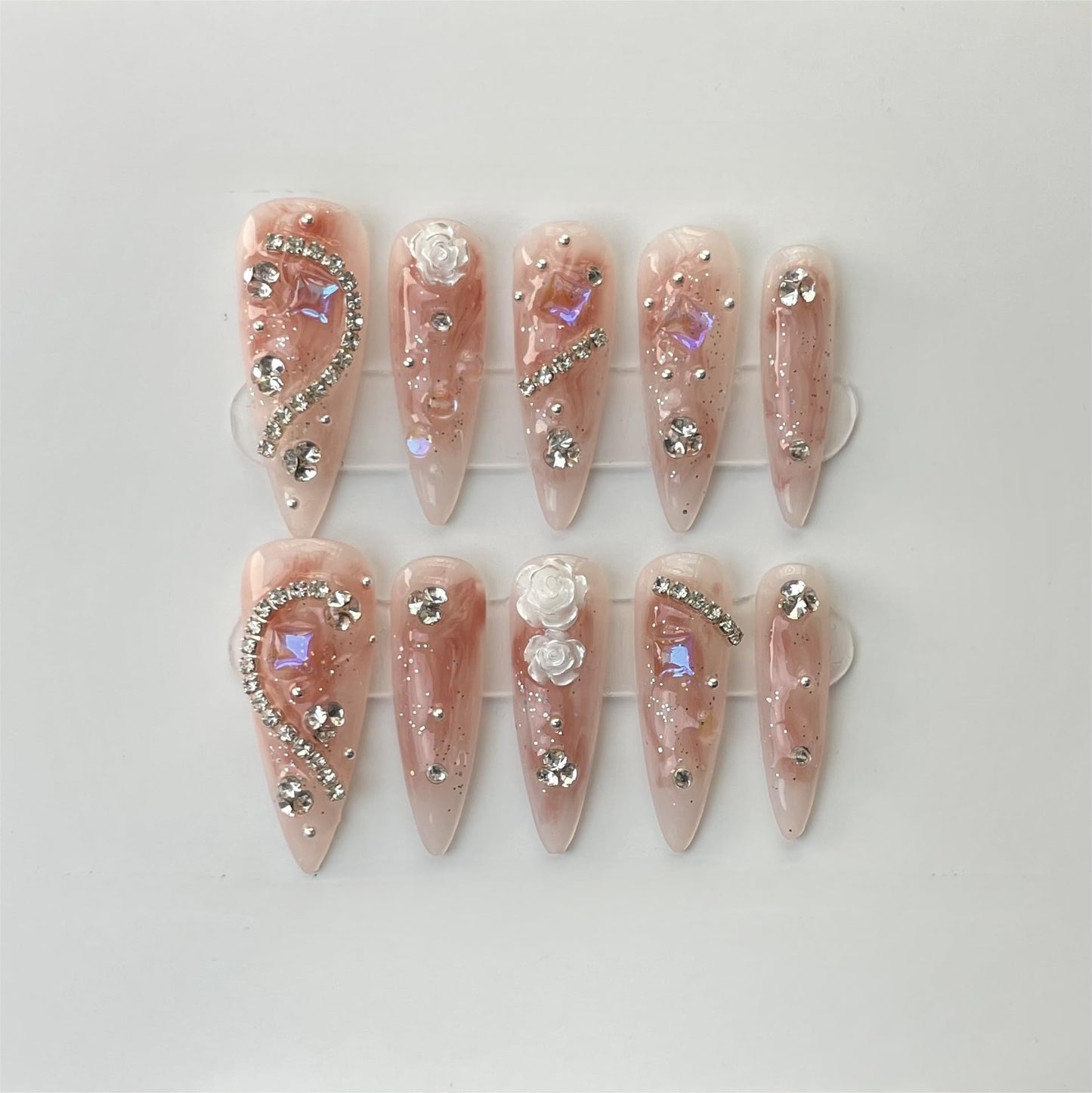 JIEADJIE Press On Nails (100% Handmade),Length Version,Handmade Painted Nail Art by Nail Technician,Luxury Party and Holiday Styles (Long dripping blusher, Small)