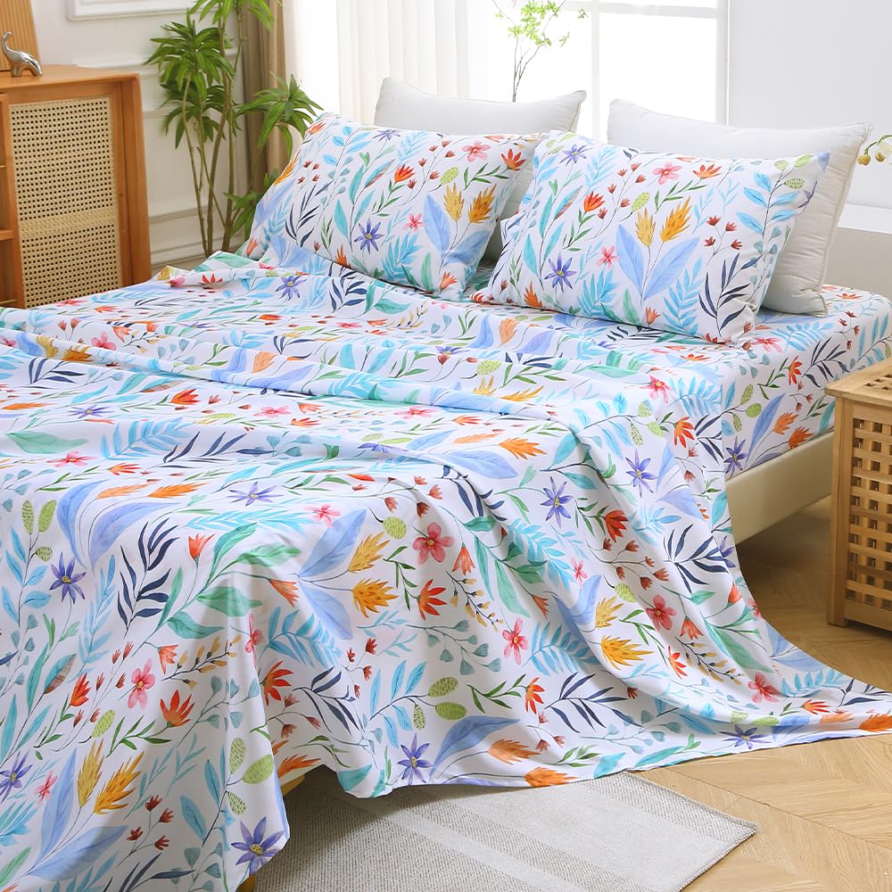 MUXHOMO Full Size 4 Piece Sheet Set, Soft & Breathable Sheet for Bedroom with Deep Pocket Up to 16", Wrinkle-Free & Cooling Bed Sheet with Flat Sheet, Fitted Sheet & Pillowcases - Colorful Leaves