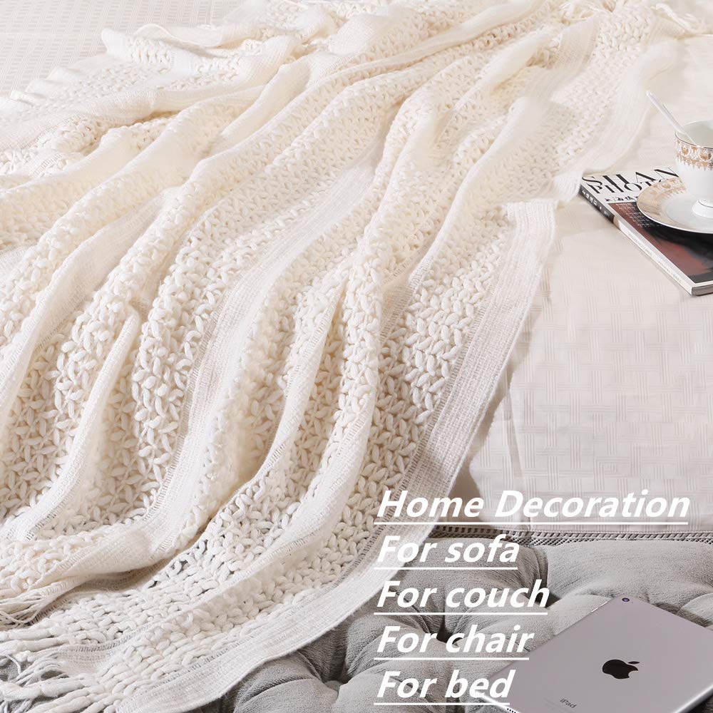 CREVENT Farmhouse Knit Throw Blanket for Couch Sofa Chair Bed Home Decoration, Soft Warm Cozy Light Weight (50''X60'' Cream/White)