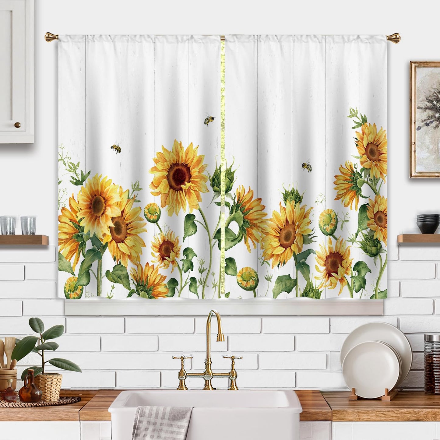 Cizuug Sunflower Farmhouse Kitchen Curtains Yellow Floral Flower Country Rustic Small Short Cafe Window Curtains Country Plant Rod Pocket Bathroom Window Drapes Treatment Curtains 2 Panels