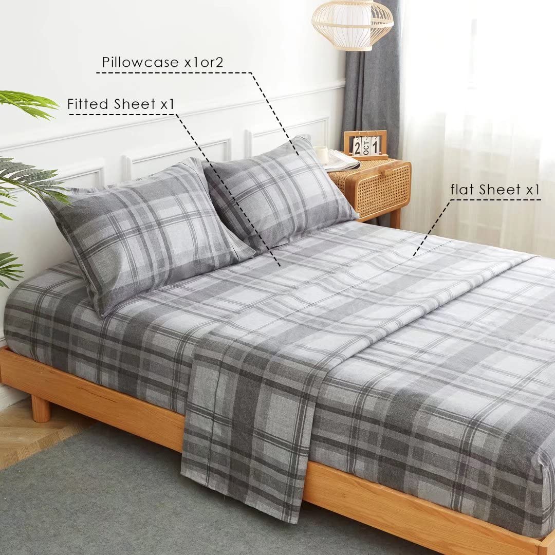 KACEMOO California King Size Bed Sheets Set 4PC - Soft Cooling 1800 Thread Microfiber Count Printed Sheet, 8-17 Inch Deep Pocket Breathes Better, Hypoallergenic, Grey Plaid Patterned Double Bedding