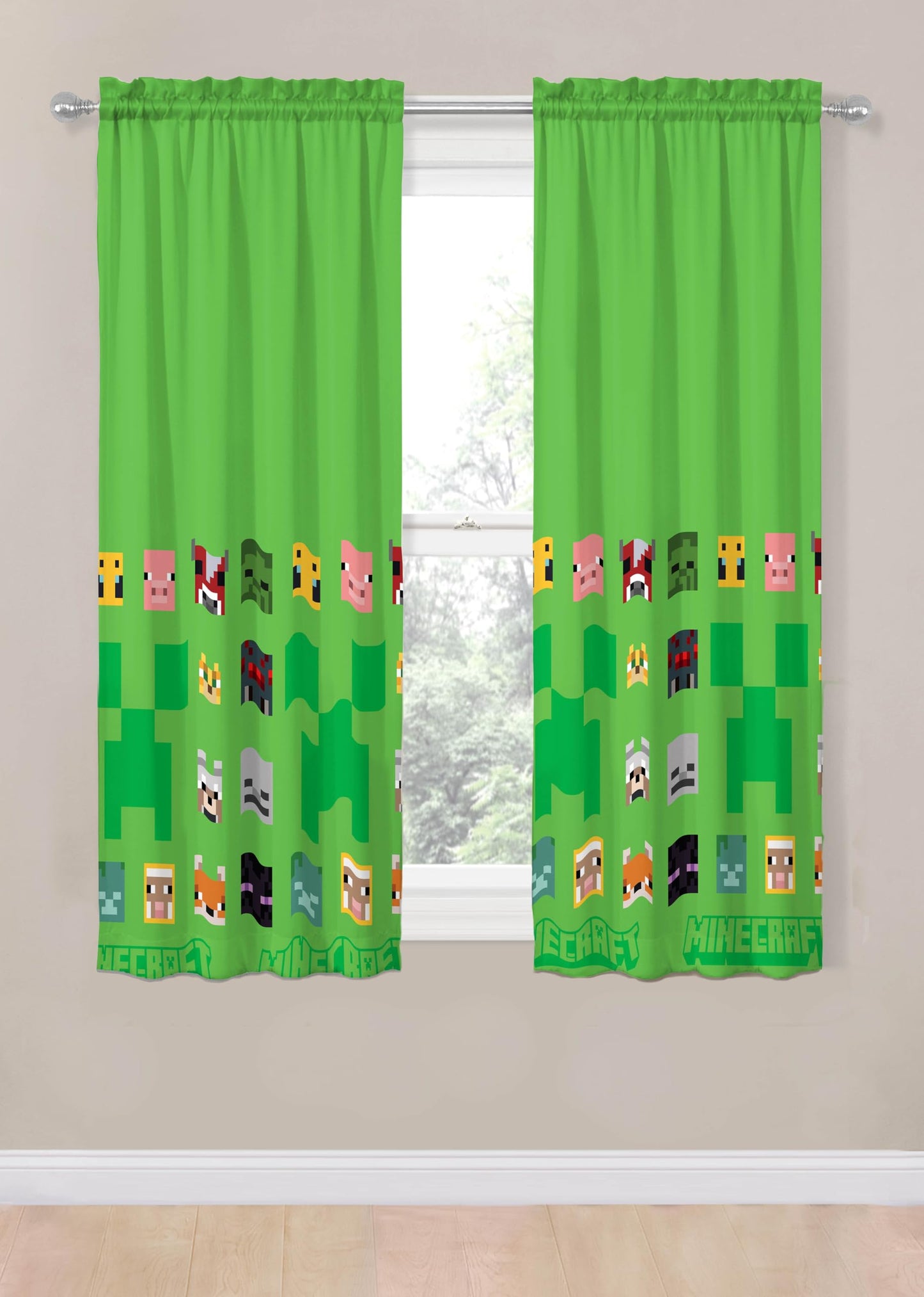 Sunny Side Up Window Curtains for Kids Bedroom 4-Piece Drape Set with 2 Tiebacks, Green - Minecraft, 42" W x 63" L (Pack of 2)
