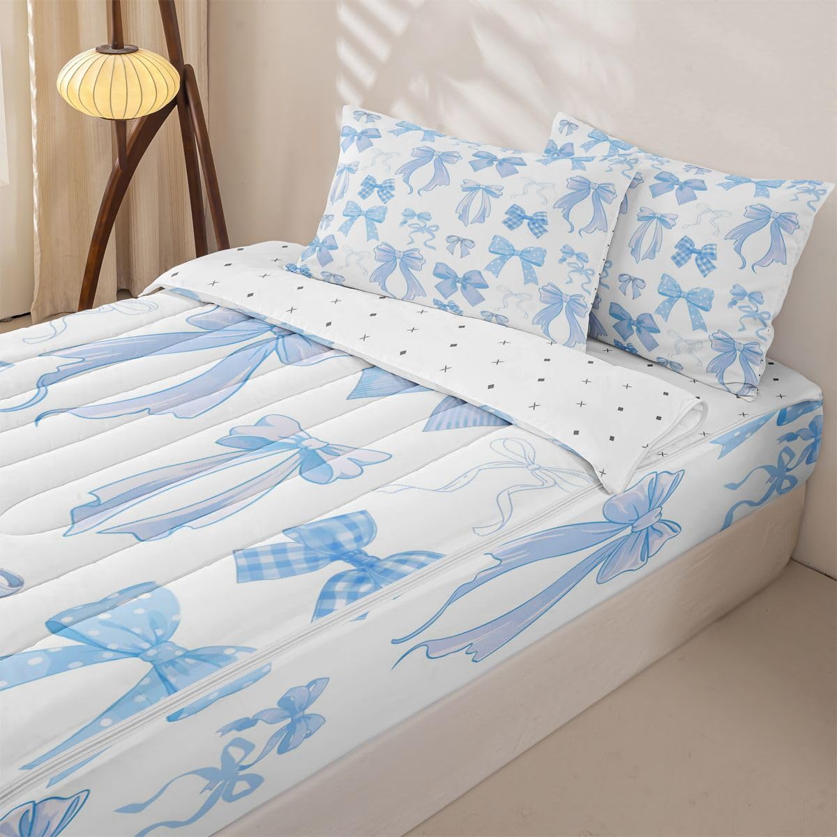 Erosebridal Ribbon Bow Zippered Bedding Set Full Blue Bowknot Comforter Set Coquette Kawaii Checkered Striped Bowtie Bed in a Bag Polka Dots Princess Blue Zipper Quilt Fitted Sheet,2 Pillowcases