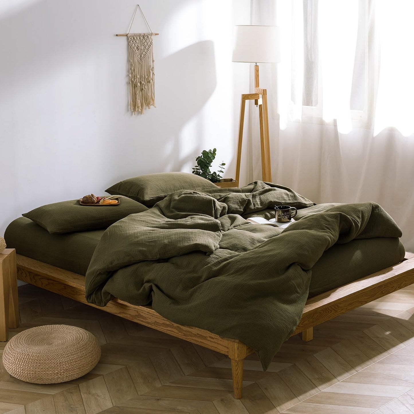 VM VOUGEMARKET Olive Green Duvet Cover Queen Size - 3 Pieces Muslin Cotton 3-Layer Guaze Textured Bedding Set, Includes 1 Duvet Cover 90x90 Inches with Zipper Closure & 2 Pillowcases