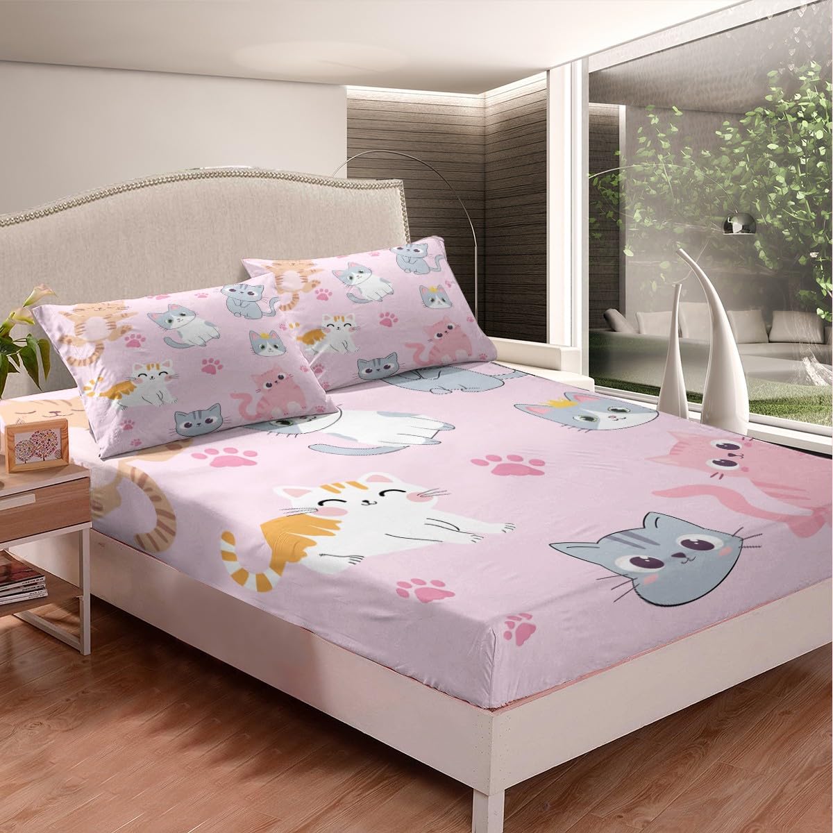Erosebridal Kawaii King Size Sheets Cute Kids Girls Bed Set - Colorful Cat Print Fitted Sheet Set, Deep Pocket, Soft, Breathable Flat Sheet, 4 Pcs
