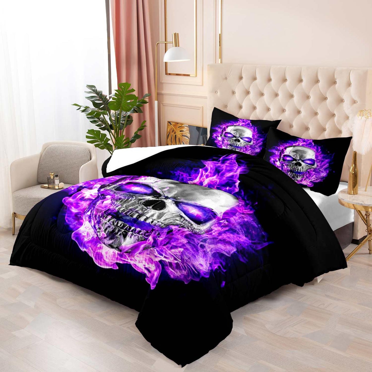 LUVIVIHOME 3PCS Skull Comforter Set King Size, Purple Fire Skull Bedding Sets, Cool 3D Flame Skeleton Cool Bedroom Decor for Men Teen Boys, Soft Microfiber Black Quilt, 2 Pillow Shams