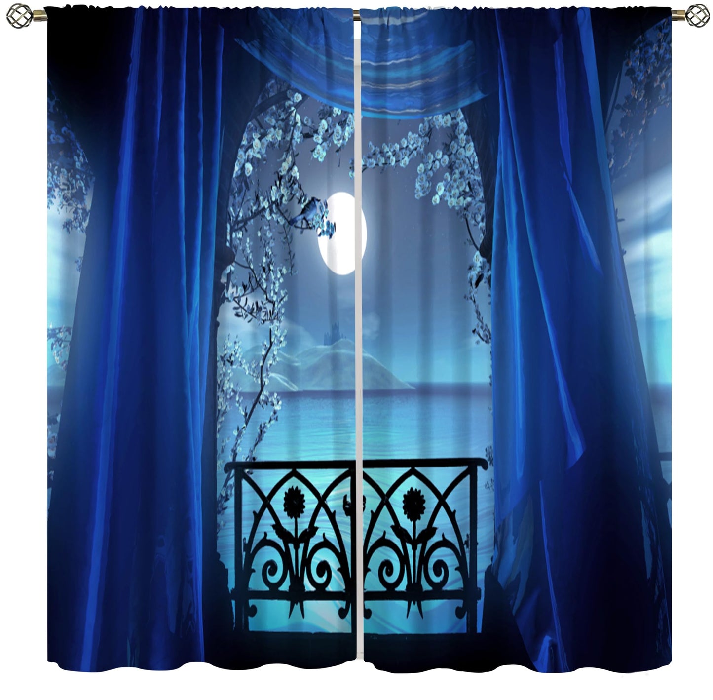 YCness Gothic Window Curtains, Retro Palace Architecture White Flowers Horror Atmosphere Calm Lake Scenery Window Treatments for Kitchen Bedroom Living Room 2 Panels Blue Drapes 42x45 Inch