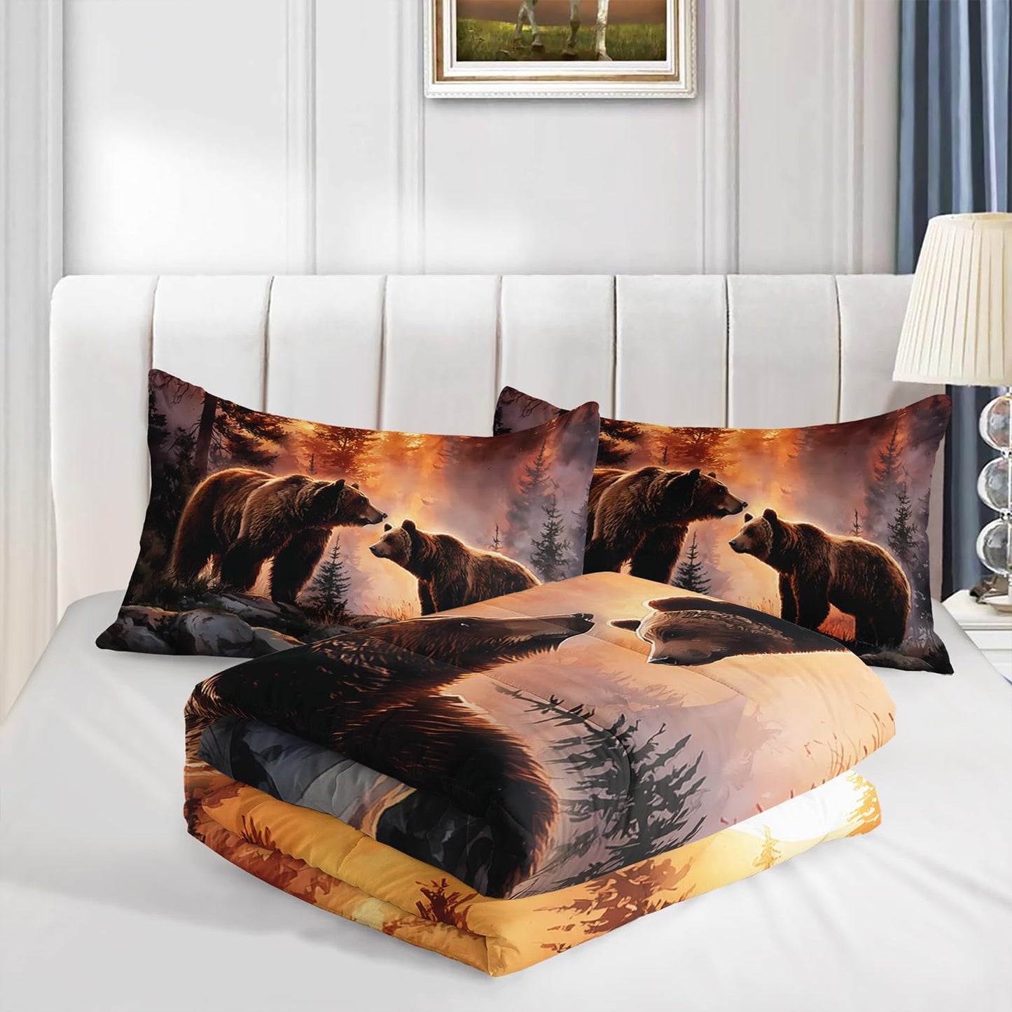 Rustic Brown Bear Comforter 3Pcs Twin Wild Hunting Animal Bear Bedding Set