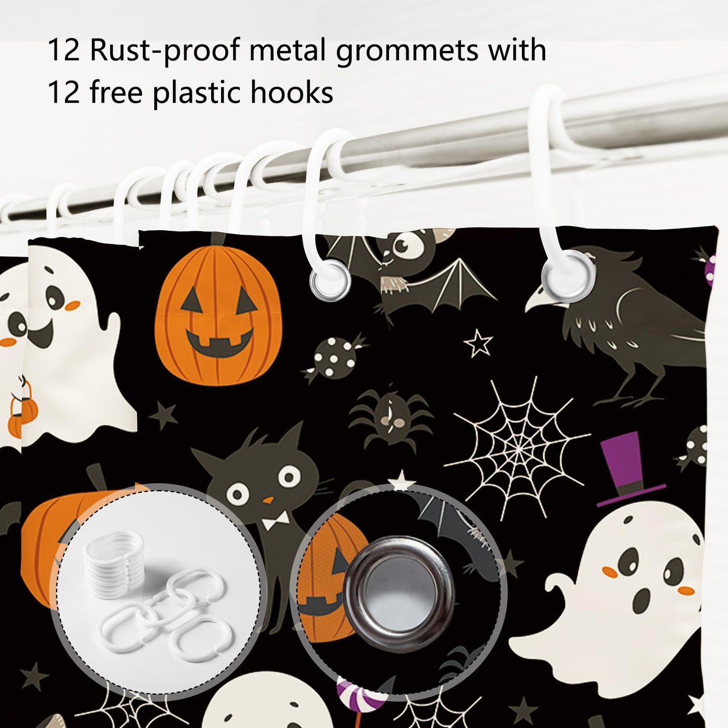 MEHOFOND Halloween Boo Shower Curtain Halloween Bathroom Curtain Skull Bat Spider Bathtubs Decor Washable Durable Polyester Fabric Bathroom Curtains 72x72 in