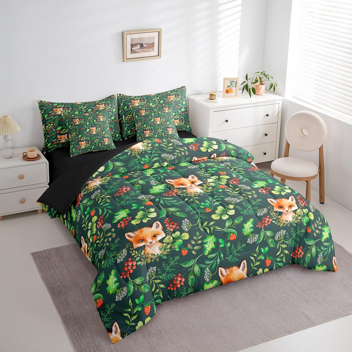 Erosebridal Fox Comforter Set 7 Piece Bed in a Bag Twin,Wild Woodland Animals Bedding Sets Jungle Botanical Leaf Comforter and Sheet Set,Green Plant Leaves Rustic Wildlife Farmhouse Bed Set