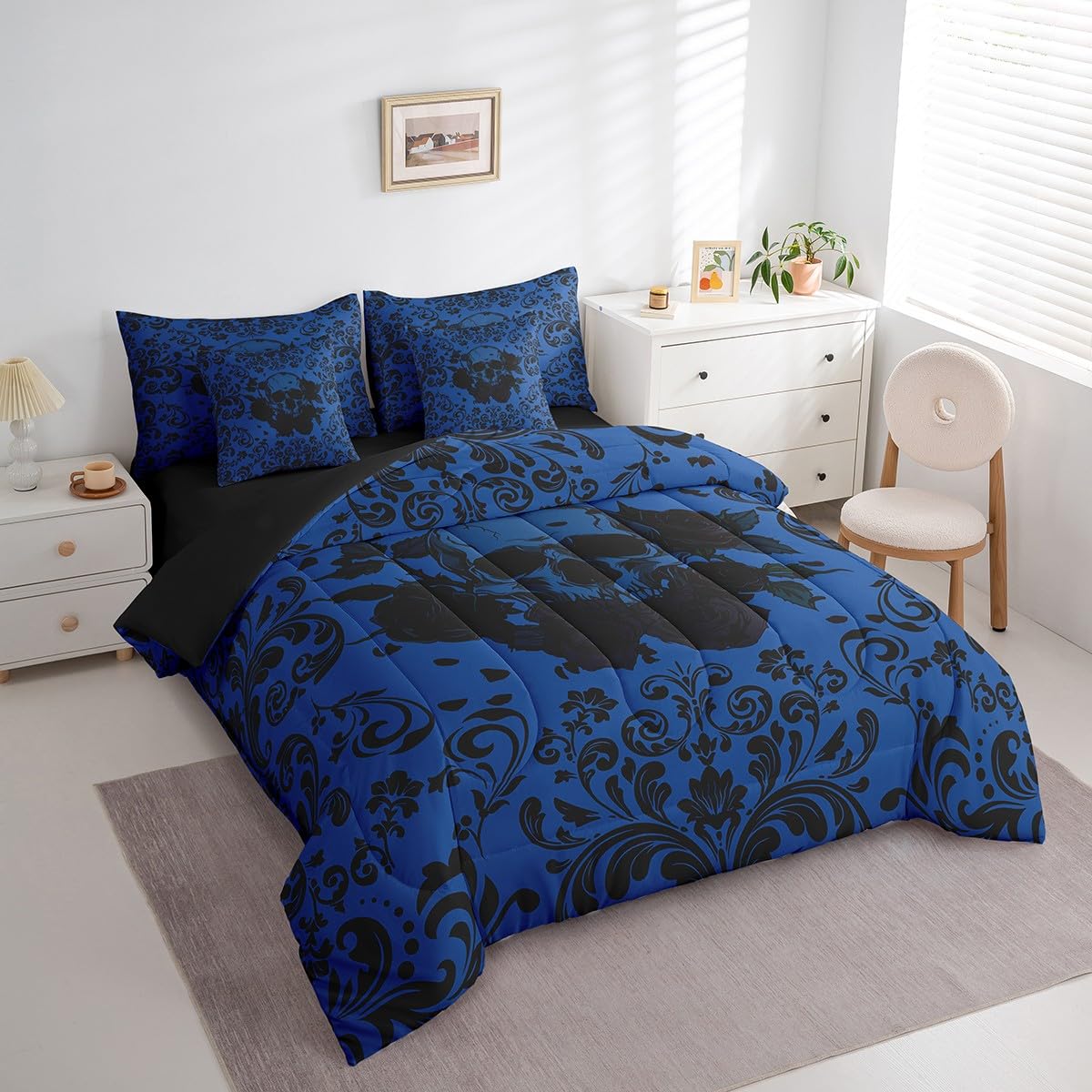 Erosebridal Rose Skull Bed in A Bag 7 Piece Queen Black Damask Floral Gothic Bedding Set Halloween Skeleton Comforter Set with Sheets for Kids Boys Adults, Gothic Hippie Skull Bed Set Blue
