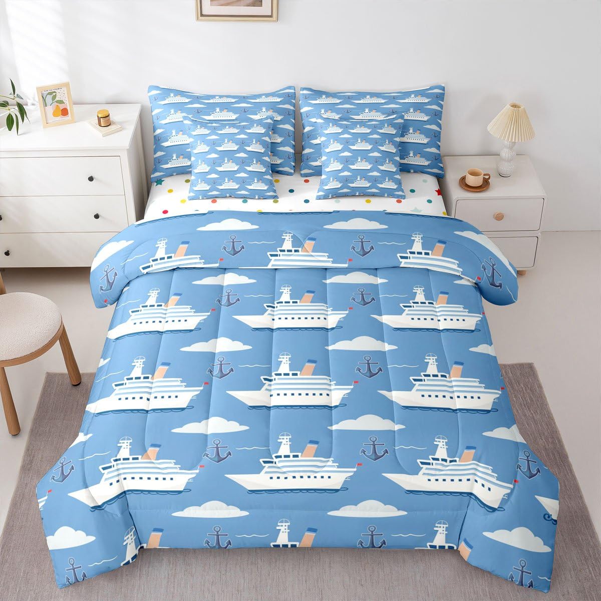 Erosebridal Boys Nautical Sailboat 7 Pieces Bedding Set Twin, Ocean Ship Comforter Set with Sheets, Boat Anchor Bed in A Bag, White Cloud Blue Sky Nautical Bed Sets for Kids Teens Youth Men Bedroom