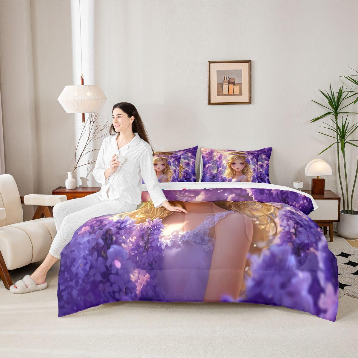 Erosebridal Japanese Anime Bed in A Bag for Kids Girls,Kawaii Lavender Girl Bedding Set Romantic Dreamy Cartoon Girl Twin Comforter Set 7 Piece Purple Aesthetic Cherry Blossom Butterfly Bed Set