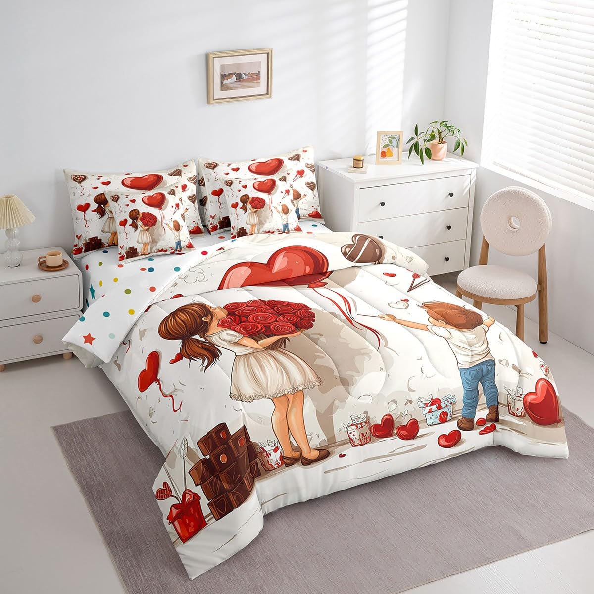 Erosebridal Valentine's Day Roses Bed in A Bag Full Size,Chocolate Balloon Kids Comforter Set Romantic Flowers Couple 7 Piece Bedding Set for Teen Boys Girls,Graffiti Wall Bed Set