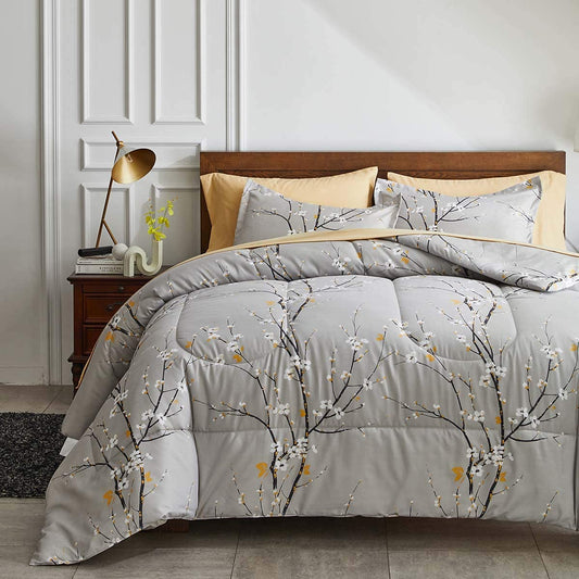 Gray Comforter Sheet Set Bed in a Bag 6 Pieces Twin Size Tree Branch Bloom Flower Spring Summer Bedding Set (1 Comforter 2 Pillow Shams 1 Tan Flat Sheet 1 Fitted Sheet 1 Pillowcases)