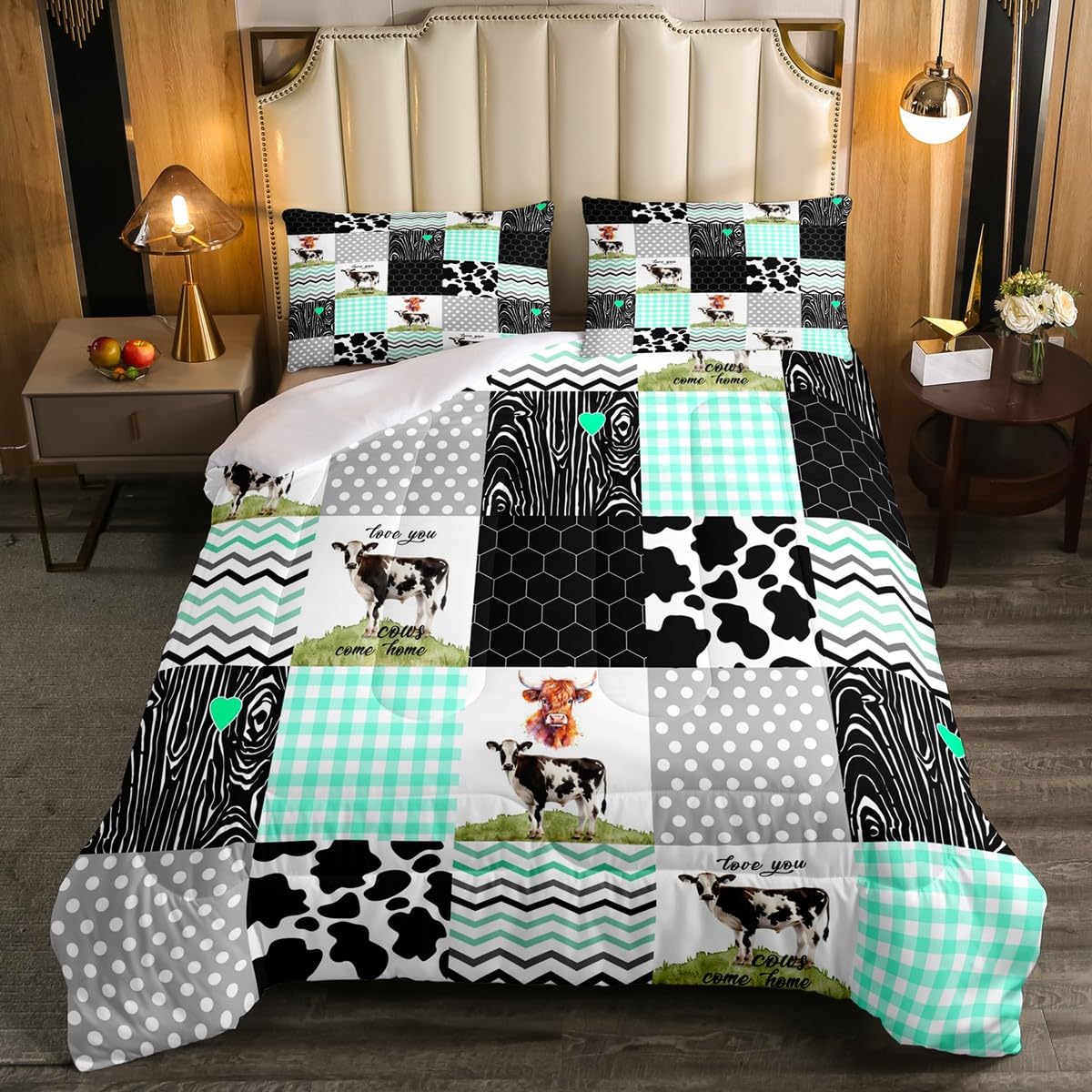 Erosebridal Cute Cow Print Comforter Set Queen Size Kawaii Highland Cow Bedding Set Bedroom Decor Honeycomb Plaid Pattern Geometric Stripes Down Comforter Farm Animals Duvet Set, Green Black Grey