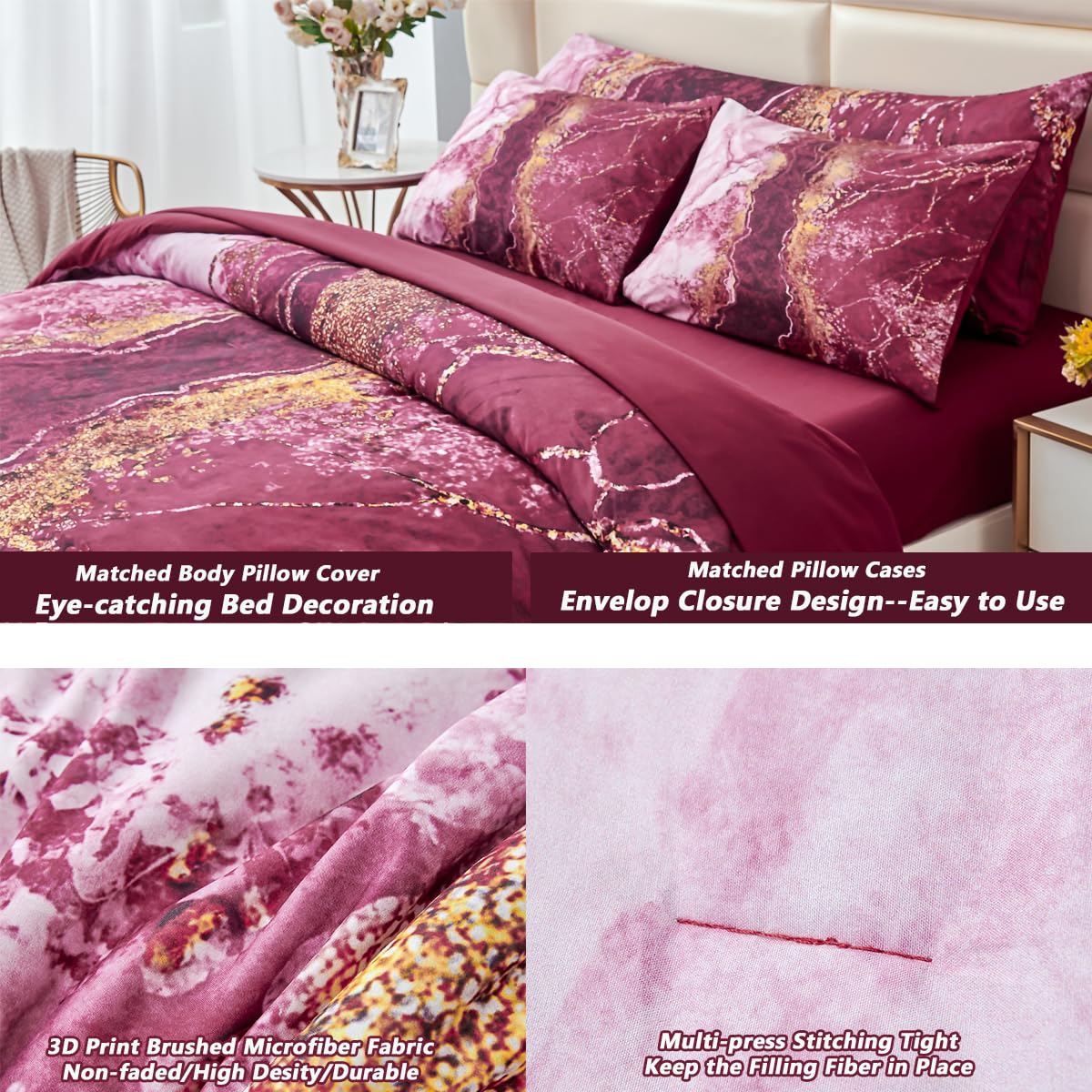 PERFEMET 6-Piece Bed in A Bag Queen Burgundy Marble Comforter Set with Sheets Aesthetic Retro Artwork Style Dark Red Bedding Set for All Season(Burgundy, Queen)