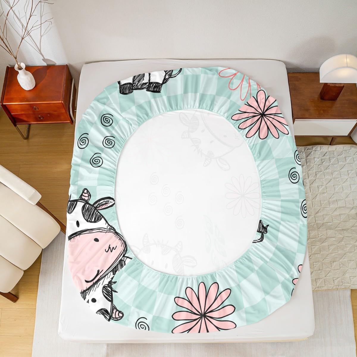 Erosebridal Kids Cartoon Cow Bedding Set Full Size Lovely Animal Fitted Sheet for Boys Girls, Child Cute Pet Bed Sheet Set Abstract Flowers Flat Sheet Quilt Set Buffalo Checked Backdrop Bedroom Decor