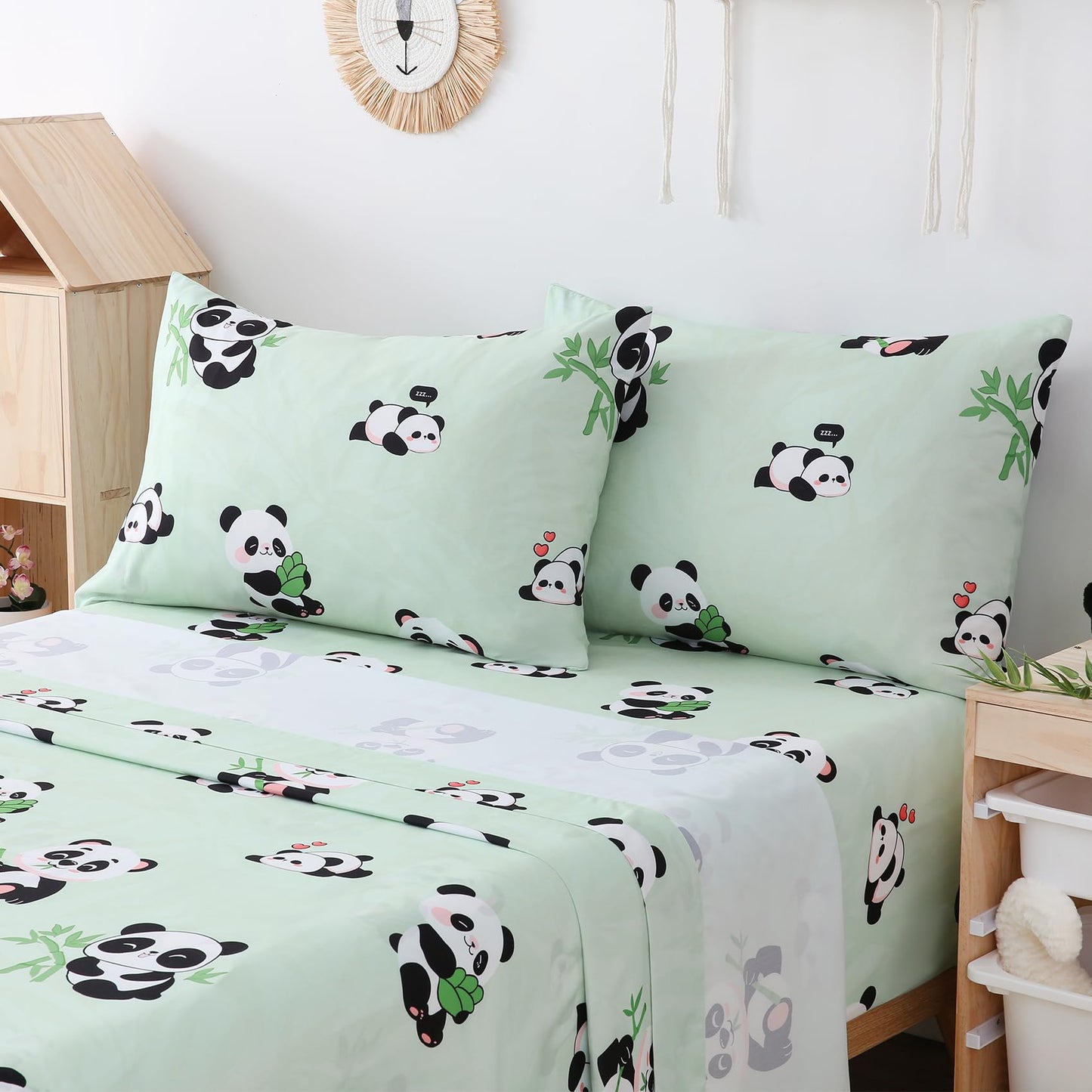 Yibeizi Full Size Sheets Set Kids, Sage Green Panda Pattern Microfiber Double Bed Sheets, Cute Soft Oeko-Tex Extra Deep Pocket Sheets & Pillowcases Cooling Hypoallergenic Wrinkle Free Bedsheets